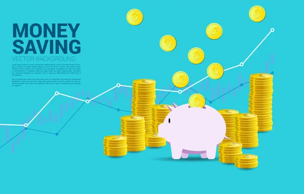 Stapel dollar munt met geld van Sky naar Piggy Bank. Concept van succesvolle investeringen en geldbesparing. — Stockvector