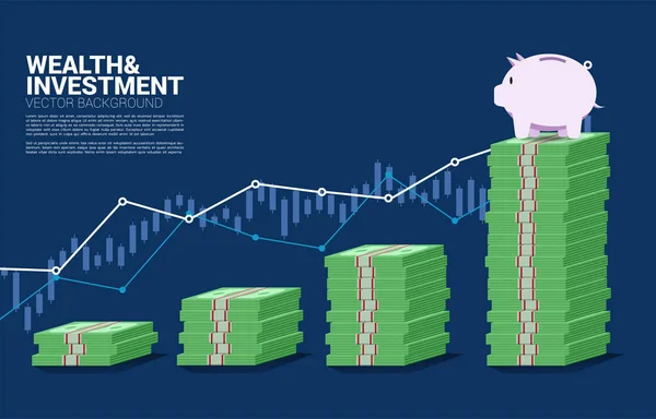 Sparschwein oben auf Balkendiagramm aus Geldstapel. Konzept der Vermögensverwaltung, Geldanlage und Geldsparen. — Stockvektor