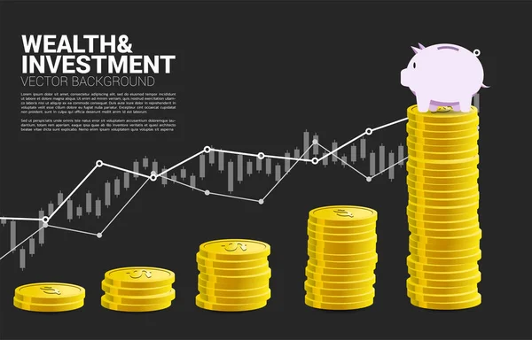 Sparbössor ovanpå stapeldiagram från Money stack. Begreppet förmögenhetsförvaltning, investeringar och penningsparande. — Stock vektor