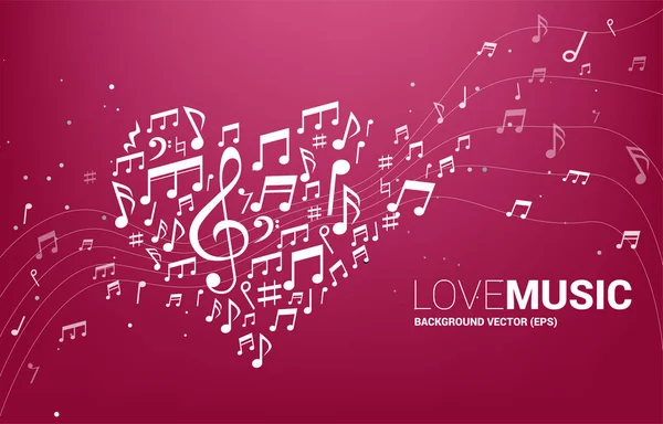 Vector music melody note shaped heart form . Concept background for song and love music concert theme. — Stock Vector