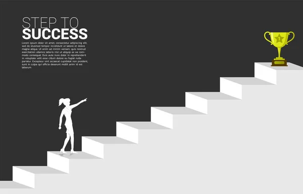 stock vector silhouette of businesswoman point to trophy at top of stair. Concept of vision mission and goal of business