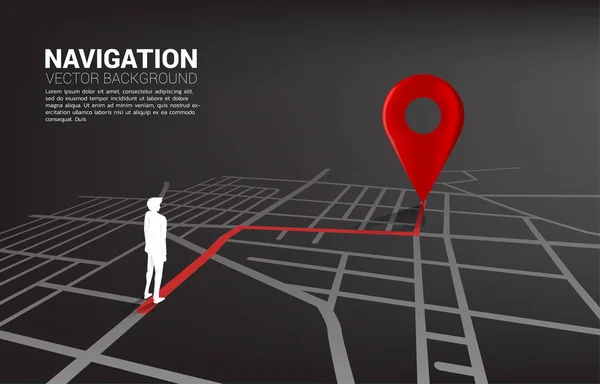 Route zwischen 3D-Location-Pin-Marker und Geschäftsmann auf Stadtplan. Konzept für GPS-Navigationssystem-Infografik. — Stockvektor