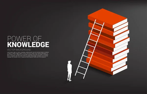 Konzepthintergrund für Macht des Wissens. Silhouette eines Geschäftsmannes bereit, sich mit Leiter an die Spitze des Bücherstapels zu setzen. — Stockvektor
