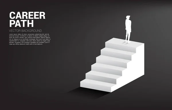 Merdivenlerde duran iş adamının silueti. Kariyer ve iş seviyesini yükseltmeye hazır insanlar kavramı. — Stok Vektör