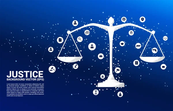 Escala de justicia con conexión de punto y línea e icono. Antecedentes Concepto de delincuencia y sistema jurídico — Archivo Imágenes Vectoriales