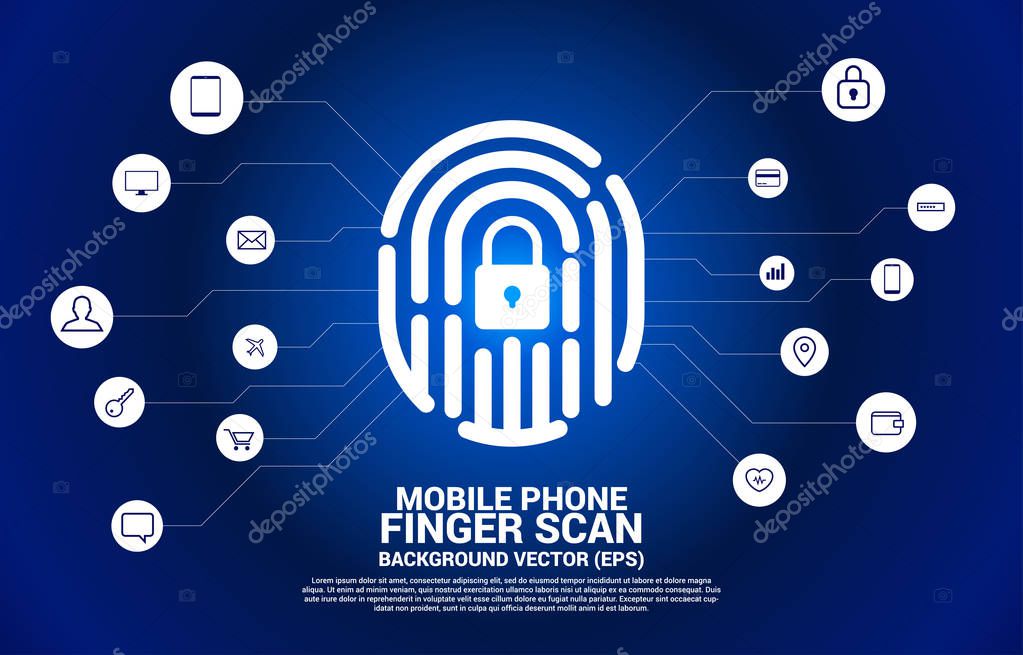 vector thumbprint icon from dot connect line polygon with lock pad center with function icon. background concept for finger scan lock technology and privacy access.