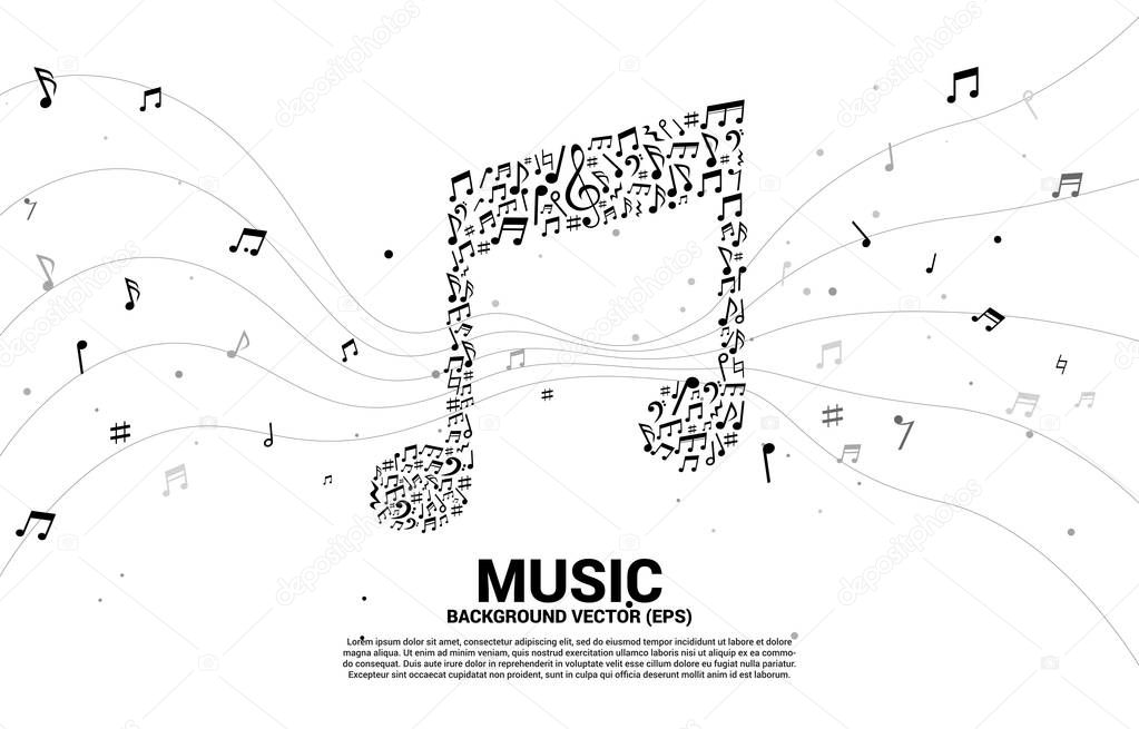 Vector music icon shaped from key note dancing . Concept background for song and concert theme.