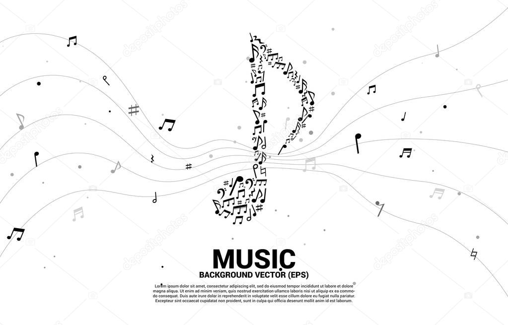 Vector music icon shaped from key note dancing . Concept background for song and concert theme.