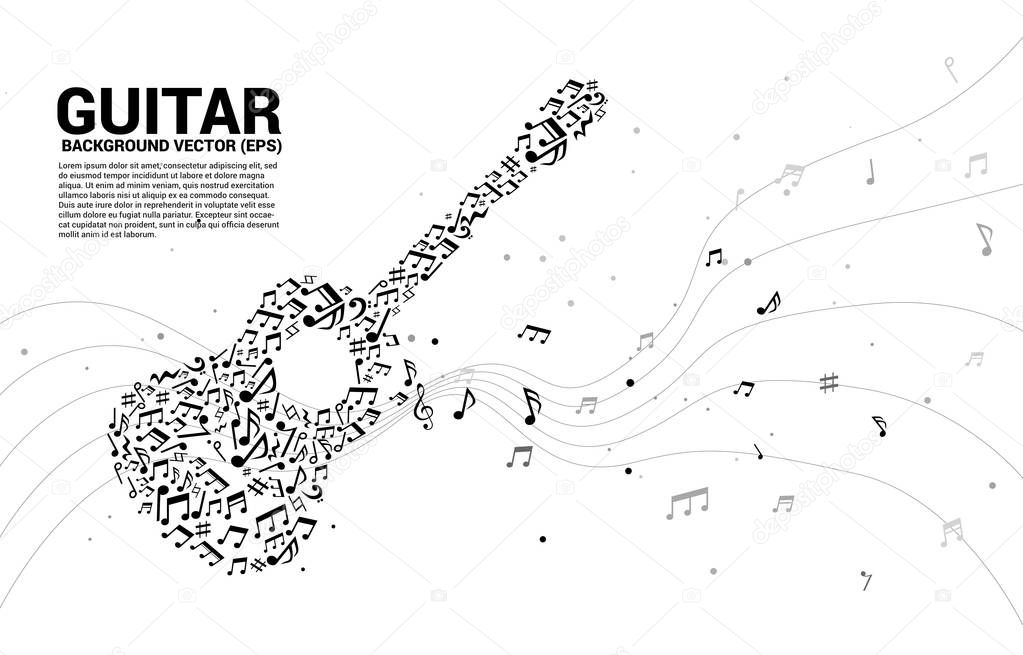 Vector music melody note dancing flow shape guitar icon . Concept background for song and guitar concert theme.
