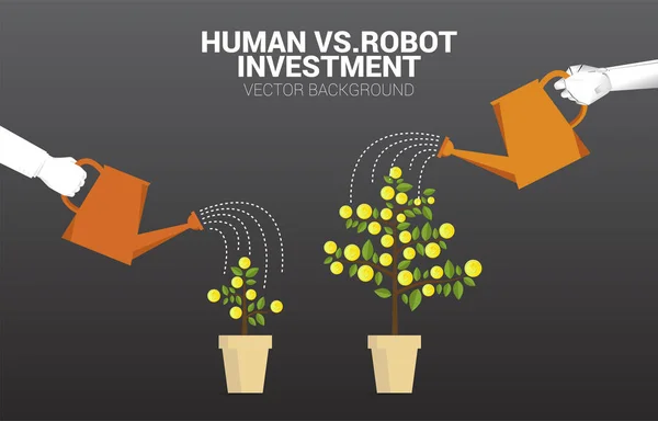 Robô e humano regando a árvore de dinheiro. conceito de perturbação do negócio financeiro e IA industrial — Vetor de Stock
