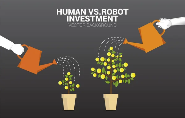 Robot dan manusia menyiram pohon uang. konsep gangguan bisnis keuangan dan A.I. Industri - Stok Vektor