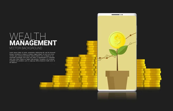 Árvore de dinheiro no celular com fundo de pilha de moeda. Antecedentes para investimento e tecnologia de aplicação de dinheiro — Vetor de Stock