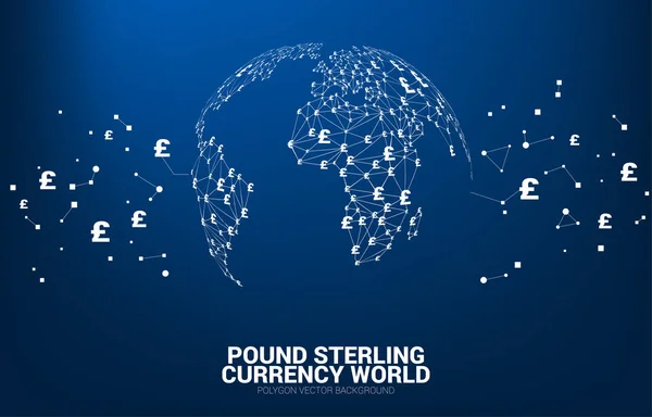 World Globe with money pound sterling currency icon polygon dot connected line. Concept for financial network connection in british. — Stock Vector