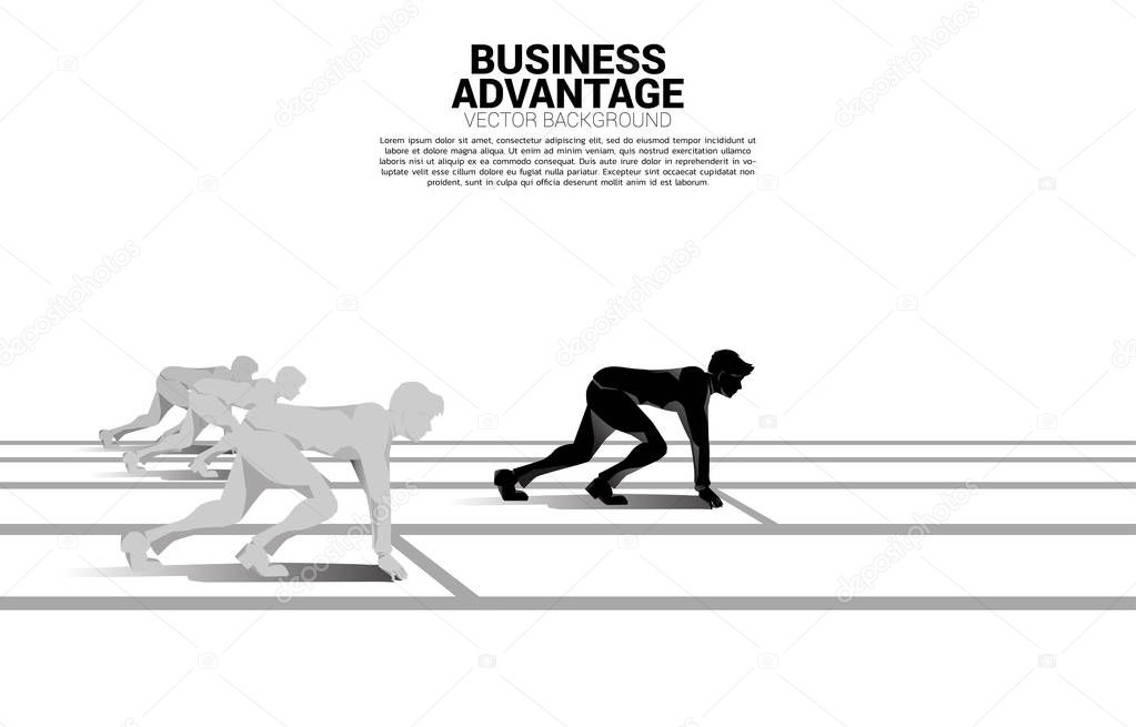 Business concept of competition and business advantage. Silhouette of businessman ready to run from start line in front of the group. on racing track.