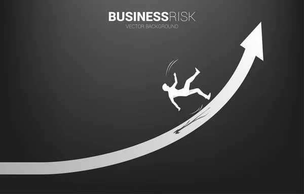 Σιλουέτα του επιχειρηματία γλιστρήσει και να πέσει κάτω από την ανάπτυξη βέλος. Έννοια για αποτυχημένες και τυχαίες επιχειρήσεις — Διανυσματικό Αρχείο
