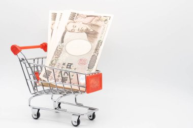 Japon para birimini kapatın. Küçük alışveriş banknotları. 