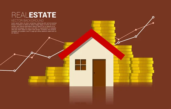 Huis pictogram met Groei grafiek van stapel munt dollar. Concept van succes investeringen en groei in vastgoed business — Stockvector