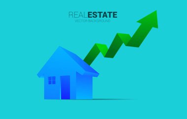 Büyüyen grafiği olan 3D ev simgesi. Gayrimenkul sektöründe başarı yatırımı ve büyüme kavramı