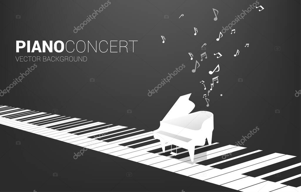 Vector grand piano with on piano key and music note. Concept background for song and concert theme.