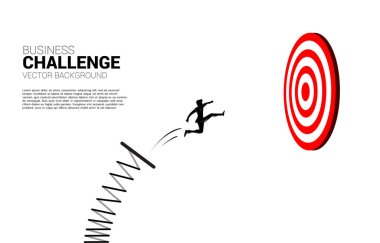 silhouette of businessman jumping to target dartboard with springboard,. Business Concept of targeting and customer.route to success. clipart