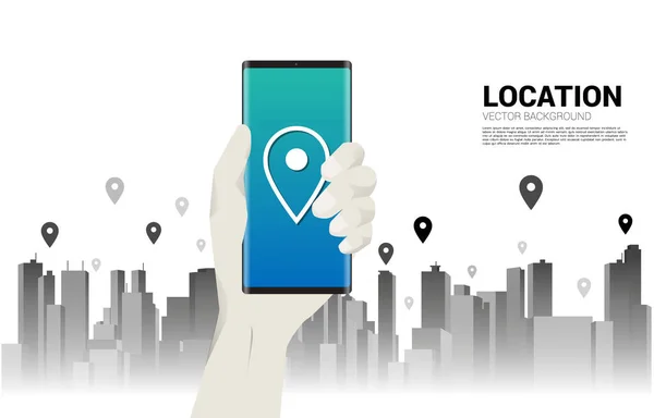 都市の背景と手にGpsピンマーカーと携帯電話 Gps技術の位置と施設の概念 — ストックベクタ
