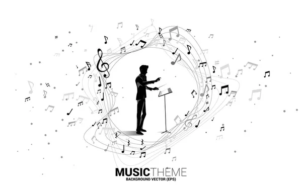 Silueta Vectorial Conductor Pie Con Música Melodía Nota Flujo Baile — Vector de stock