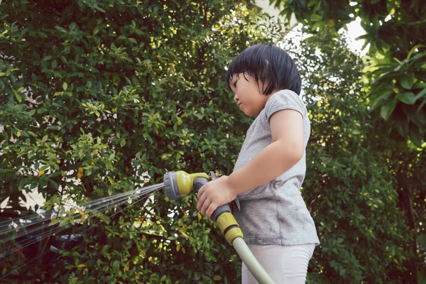 Funny moment of 3 Year old asian kid playing water with garden hose in backyard. Background concept  for play time and summer of children.