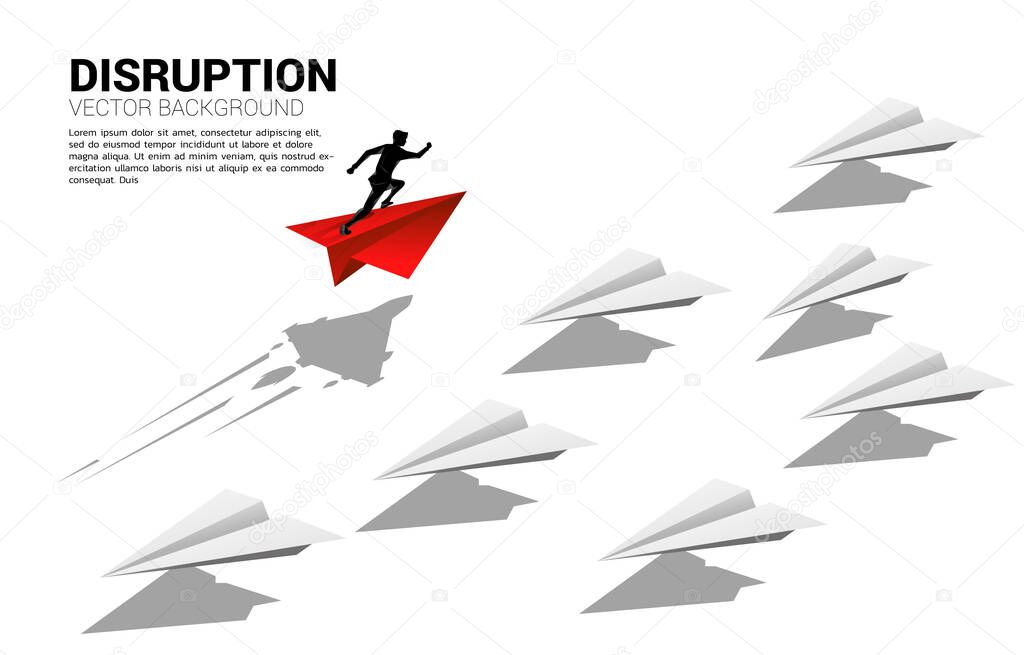 Silhouette of businessman running on red origami paper airplane go different way from group of white. Business Concept of disruption and vision mission.