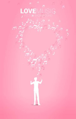 Kondüktörün vektör silueti piyano anahtarıyla müzik melodisi ve dans akışı. Aşk şarkısı ve konser teması için kavram arka planı.