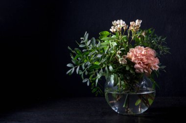 Karanfil ve su ile cam vazoda fıstık dal