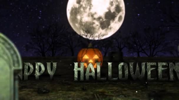Jack Lantern Jumps Happy Halloween Sign Background Big Moon Scary — Stock Video