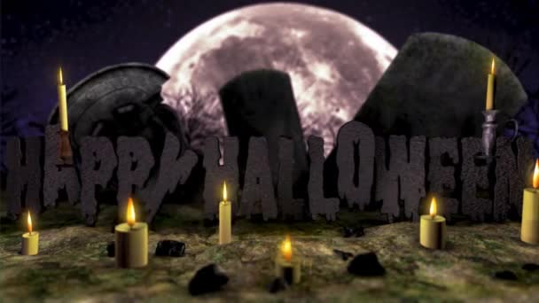 楽しいハロウィンをお過ごし下さい 碑文は墓石の中の墓地にあります 前景のちらつきキャンドルの左右の飛行キャンドル 背景には大きな月が輝き ひどい木々が生えています ドリーズームの効果 — ストック動画