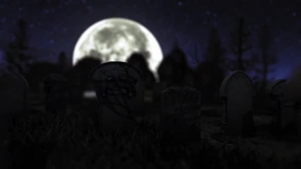 카메라는 묘지에서 묘비와 무서운 나무를 비행하고 할로윈 빛나는 눈으로 무서운 — 비디오