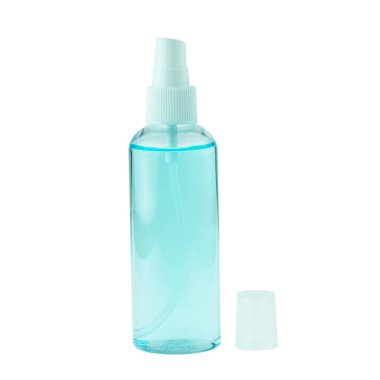 Dezenfektan covid 19, beyaz arka planda alkol spreyi..