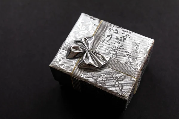 Celebration Silver Gift Boxes Decoration Isolated Black Background — Stock Photo, Image