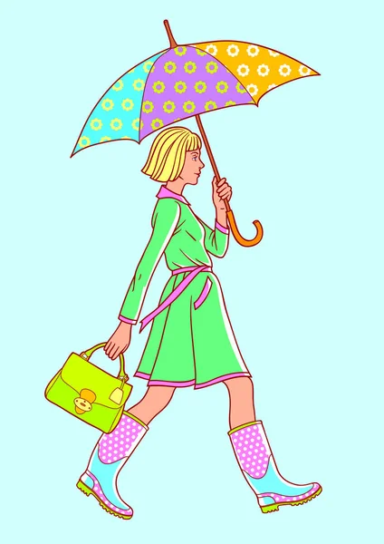 Girl Dressed Raincoat Rubber Boots Walks Holding Umbrella — Stock Vector