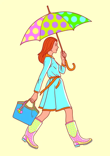 Girl Dressed Raincoat Rubber Boots Walks Holding Umbrella — Stock Vector