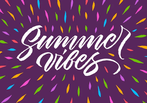 Handwritten Inscription Summer Vibes Purple Background Calligraphy — Stock Vector
