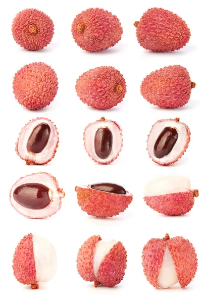 Set fresh lychee the skin is cut, whole, cut in half, with bone isolated on white background. Clipping Path. Full depth of field