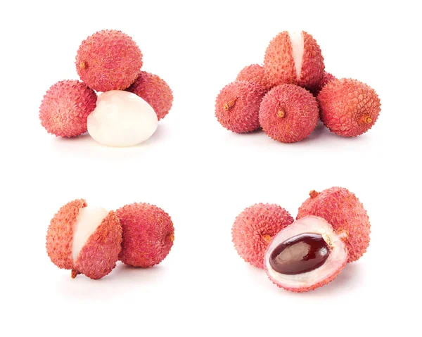 Set fresh lychee the skin is cut, whole, cut in half, with bone isolated on white background. Clipping Path. Full depth of field