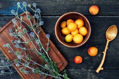 Thistle çiçek rustik ahşap zemin ile taze kayısı plaka üzerinde. yüksek çözünürlüklü ürün. Hasat kavramı