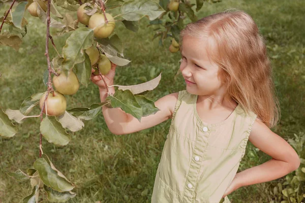 Hermosa Niña Rubia Lágrimas Manzanas Verdes Jardín Niña Foco — Foto de Stock