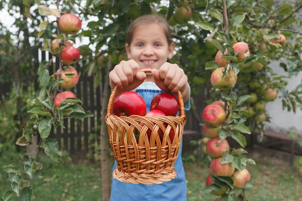 Niña Está Pie Sobre Fondo Jardín Sostiene Las Manos Extendidas — Foto de Stock