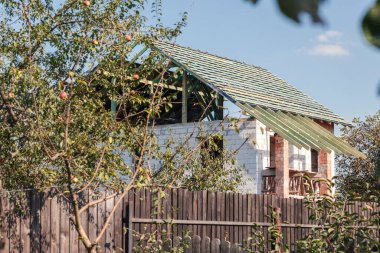 İnşaat halindeki özel bir ev. Tahta çatının ereksiyonu. Bahçedeki elma ağacı