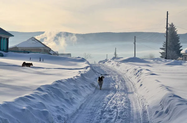 Zuid Oeral Het Dorp Ligt Bergen Sneeuw Begint Smelten Pas — Stockfoto