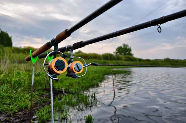 Feeder fishing on lake Sarankul, located in the Urals, Russia.