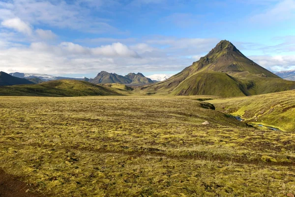 Hora Landmannalaugar Zeleným Mechem Pokrývající Údolí Landmannalaugar Národní Park Island — Stock fotografie
