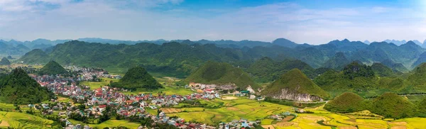 Panoramic view of Tam Son town and the Fairy Twin Mountains in Quan Ba District, Ha Giang Province, Northern Vietnam.