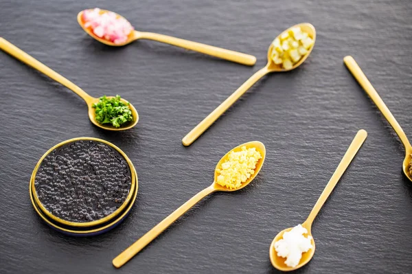High Quality Real Black Sturgeon Caviar Metal Golden Tin Can — Stock Photo, Image
