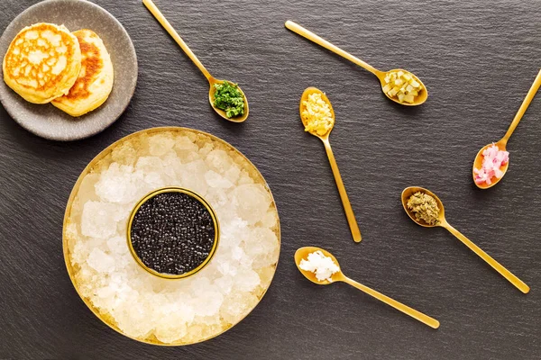 High Quality Real Black Sturgeon Caviar Metal Golden Box Crushed — Stock Photo, Image
